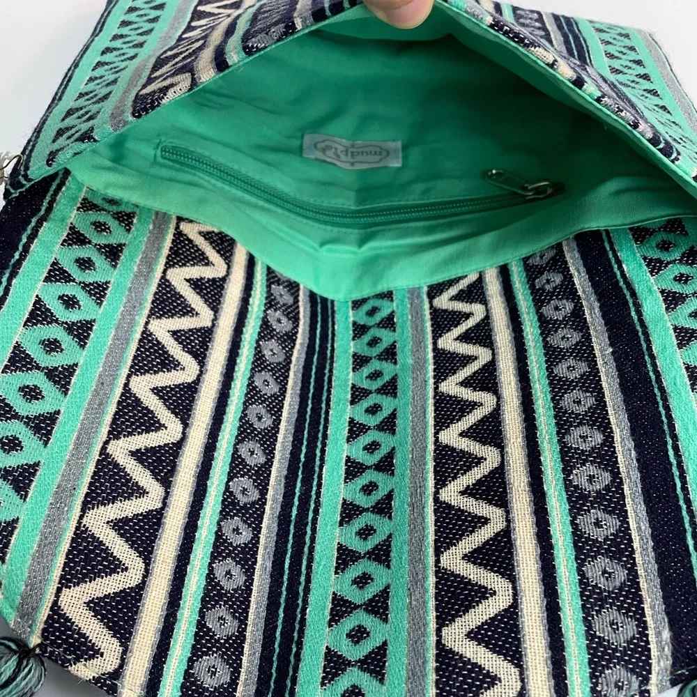 MUDPIE Tassel Fringe Envelope Clutch Purse Wallet Bag in Blue/Green/Cream NWT